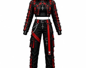 Women's Gothic Techwear Suit - Black & Red Cyberpunk Cargo Outfit Set - Punk Grunge Streetwear