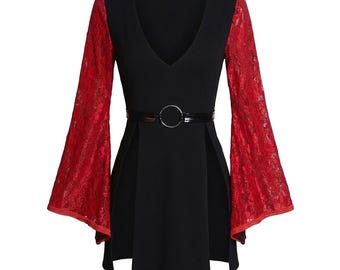 Black Gothic Mini Dress with Red Lace Sleeves – Witchy Bell Sleeve Dress for Women
