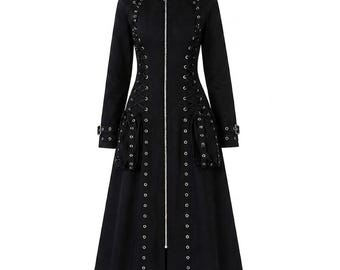 Gothic Black Long Coat Women – Lace-Up Buckle Techwear Trench Coat