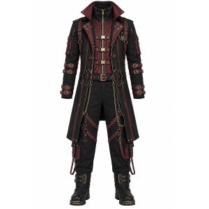 Men's Gothic Steampunk Trench Coat | Black Red Cotton Punk Long Jacket