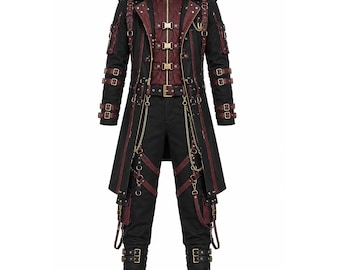 Men's Gothic Steampunk Trench Coat | Black Red Cotton Punk Long Jacket