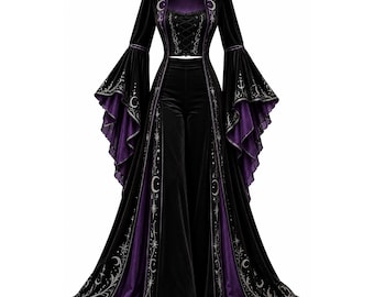 Women's Gothic Witch Costume Velvet Celestial Moon Star Coat Wide Leg Pants Set