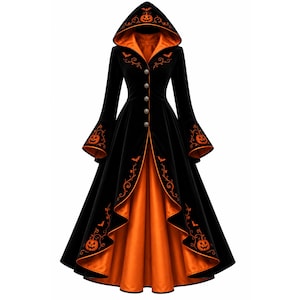 May include: A black hooded coat featuring a vibrant orange lining and long sleeves with flared cuffs. The garment is decorated with orange embroidered pumpkin and bat motifs along the hood, cuffs, and front hem, secured by a row of five metallic buttons.