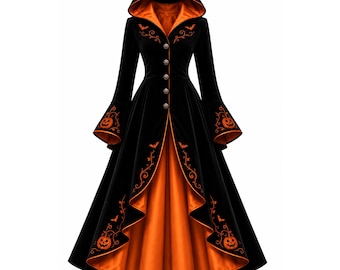 Women's Gothic Hooded Coat Halloween Pumpkin Bat Embroidery Black Orange