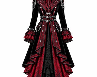 Women's Gothic Vampire Coat, Victorian Steampunk Long Dress, Dark Fantasy Costume