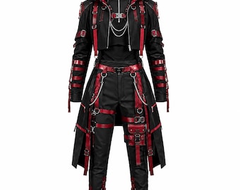 Men's Cyberpunk Techwear Outfit Set Black Red Gothic Hooded Jacket Pants Cosplay