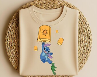 Stitch Lantern Shirt, Stitch Rapunzel Lantern Tee, Cute Stitch Pascal Graphic Shirt, Disney Night Lantern T Shirt