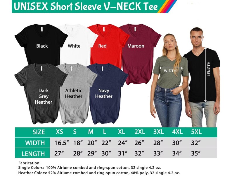 May include: A selection of unisex short sleeve V-neck t-shirts in colours such as black, white, red, and navy heather. The image shows size and measurement details, with widths from 41.9 to 81.3 cm and lengths from 68.6 to 88.9 cm.