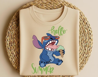 Hello Summer Shirt, Disney Stitch Ice Cream Tee, Funny Summer Cartoon Shirt, Disney Inspired Stitch Graphic T Shirt, Cute Vacation Tee