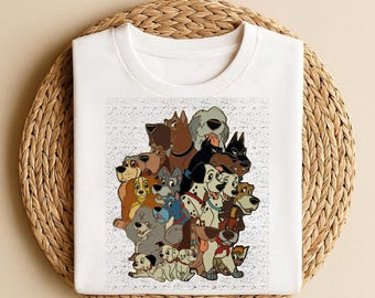 Disney Dogs Cartoon Shirt, 101 Dalmatians Characters Tee, Classic Disney Dog Collage, Vintage Cartoon Illustration, Retro Disney Top