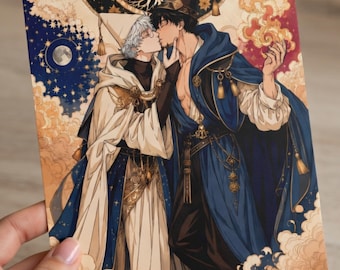 Stampa artistica fantasy "Il bacio del mago" / Quadro da parete con coppia magica
