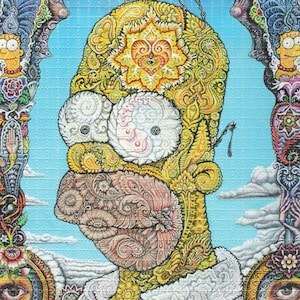 May include: A psychedelic illustration of a yellow cartoon character with intricate floral and paisley patterns. The character's face is detailed with a large, white eye and a small, black eye. The background is a blue sky with white clouds.