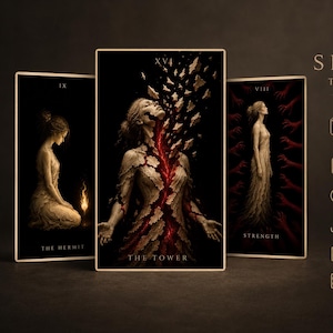May include: The Shadow Tarot Cards set featuring 22 printable Major Arcana cards in PNG and PDF formats. The image displays three cards: The Hermit, The Tower, and Strength, each with dark, detailed illustrations and text for instant download.