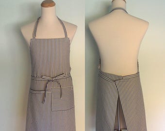 Blue Stripe Canvas Apron with Pocket and Towel Loop, Men's Chef Apron, Restaurant Apron, Server Apron, Blue Ticking Stripe, Adjustable