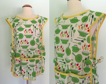 Cobbler Apron with Pots, Pans, Vegetables in Green and Yellow, Cooking Apron, Smock, Full Coverage Apron with Pockets, Cultivate and Cook