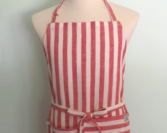 Red Stripe Apron with Pocket and Towel Loop, Extra Wide, Men's Linen Apron, Chef Apron, Restaurant Server Apron, Adjustable, No Neck Ties
