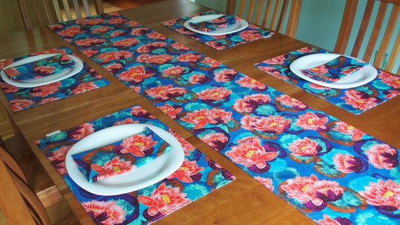 Floral Centerpiece Runner Linen Tropical Table Runner with Birds and Flowers in Eggplant Aubergine Reversible Table Runner Jenaveve
