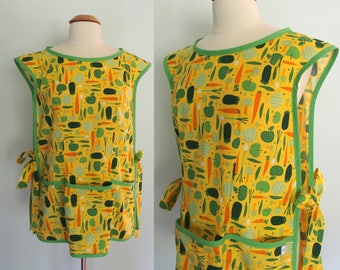 Yellow Cobbler Apron Vegetables, Retro Cooking Apron, Gift for Mom, Gift for Cook, Gift for Her, Smock, Full Coverage Apron with Pockets
