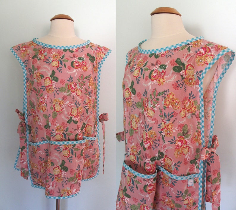 Cobbler Apron Over the Head Smock Pink Retro Apron with Flowers and Gingham Riley Blake Grandale Mothers Day Gift for Mom Full Coverage