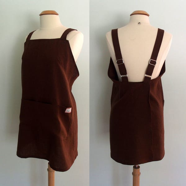 Japanese Apron, Brown Linen Apron, Pinafore Apron, Gift for Her, Wrap Apron, Artist Apron, Crossback Apron, Long Linen Apron, Pockets