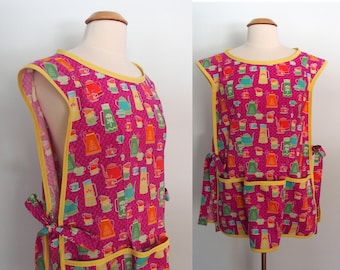 Pink Retro Apron with Vintage Tea Kettles Coffee Pots, Pink Cobbler Apron, Smock, Full Coverage Apron with Pockets, Kitchen Love, Fuchsia