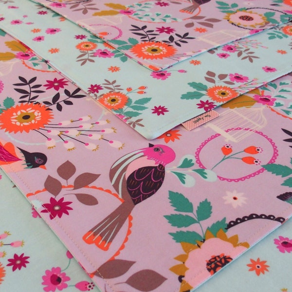 Reversible Bird and Flower Cloth Placemats in Lavender, Fucshia, Magenta,  Blue, Peach, Green, Bird Placemats, Blue Table Mats, Felicity