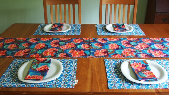 Floral Centerpiece Runner Linen Tropical Table Runner with Birds and Flowers in Eggplant Aubergine Reversible Table Runner Jenaveve