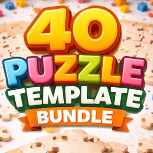 Op de afbeelding: Een kleurrijke afbeelding die een "40 Puzzle Template Bundle" promoot. De tekst is in heldere kleuren, met puzzelstukjes en kleine gekleurde vormen verspreid. De afbeelding suggereert een knutsel- of educatief product.