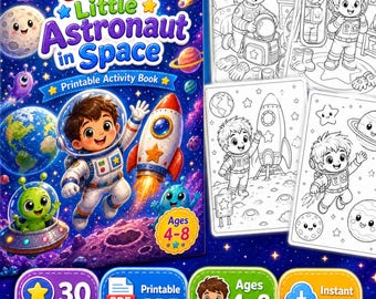 Libro para colorear del espacio en PDF, páginas para colorear de astronautas para niños, libro de actividades sobre cohetes y planetas, para edades de 4 a 8 años.