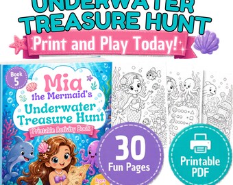 Libro para colorear de sirenas en PDF, páginas imprimibles de búsqueda del tesoro submarina para niños, libro de actividades oceánicas, descarga instantánea.