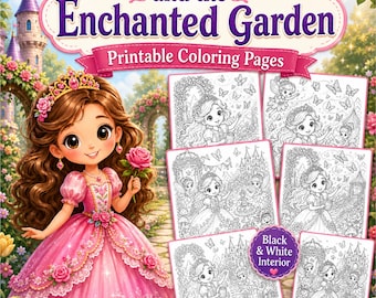Libro para colorear de princesas en PDF, páginas imprimibles de jardín encantado para niños, libro de actividades de princesas de hadas, para edades de 4 a 8 años.