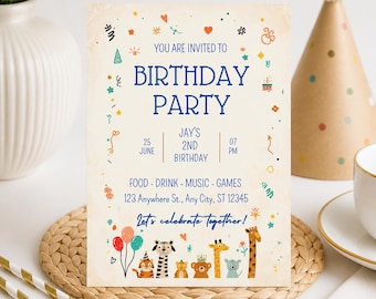 Folleto de cumpleaños, fiesta de cumpleaños con animales del zoológico, invitación para baby shower con temática de safari, ¡es divertido tener un año! Producto digital, plantilla de Canva.