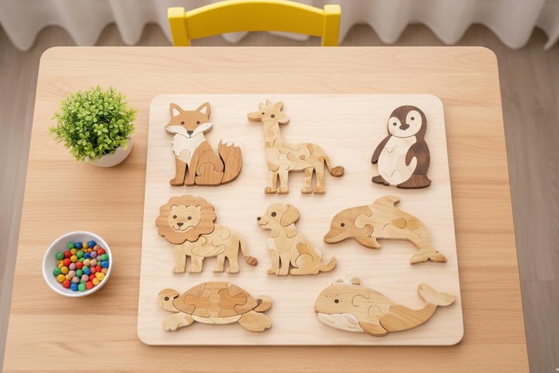 May include: Wooden animal puzzle featuring a fox, giraffe, penguin, lion, dog, dolphin, turtle, and whale. The puzzle pieces are light brown and tan, arranged on a light wood board. A small plant and a bowl of colorful balls are also present.