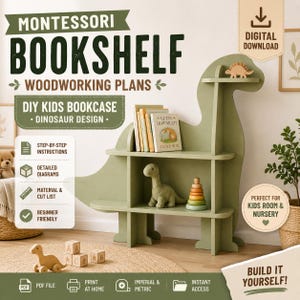 Montessori-boekenplank houtbewerkingsplannen, digitaal product dinosaurus SVG, peuterboekenkast speelgoedopslag