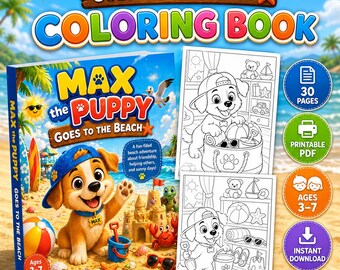 Libro para colorear de cachorros en PDF, páginas creativas de playa para niños, actividad de verano imprimible, páginas divertidas de perros, descarga digital.