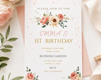 Folleto de cumpleaños, invitación floral, productos digitales para el primer cumpleaños, plantilla de Canva "Es divertido tener un año".