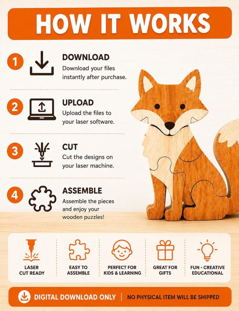 How it works guide for downloading, uploading, cutting and assembling DIY wood puzzle files.
