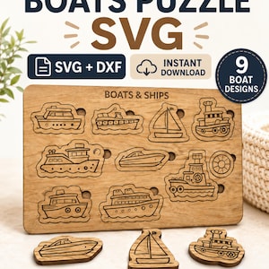 Boot Puzzle SVG Bundle, Segelboot Memory, Montessori Spielzeug, Lernspielzeug Laserdatei, Baby Puzzle Brett