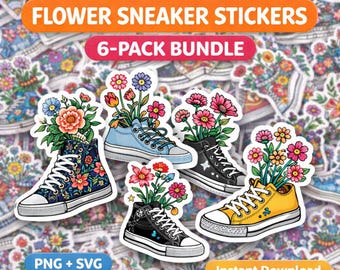 Stickers Bundle, 6 Floral Sneakers, Shirt design ,PNG files, Digital download