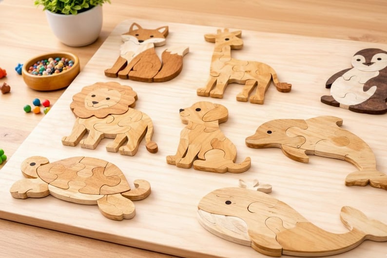 May include: Wooden animal puzzles including a fox, giraffe, lion, dog, dolphin, turtle, whale, and penguin. The puzzles are made of light-colored wood and are arranged on a wooden surface. A small bowl of colorful beads and a potted plant are also present.