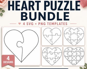 Paquete de archivos SVG de rompecabezas de corazones, plantilla de rompecabezas, descarga digital PNG, 4 diseños de corazones, regalos personalizados, imprimible