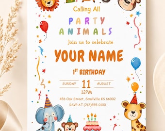 ¡Es divertido tener un año! / Invitación de primer cumpleaños para bebé salvaje / Producto digital de animales de fiesta safari / Plantilla de Canva / Folleto de cumpleaños