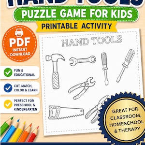 Può includere: Un foglio di attività stampabile intitolato HAND TOOLS con illustrazioni al tratto di un martello, una chiave inglese, cacciaviti, pinze e una sega. La pagina include etichette di testo, un'icona PDF e istruzioni educative da ritagliare.