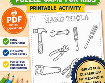 Rompecabezas de herramientas en PDF, Herramientas manuales para imprimir, Juego de emparejar herramientas, Actividad imprimible, Página para colorear, Material imprimible para la educación en casa, Producto digital