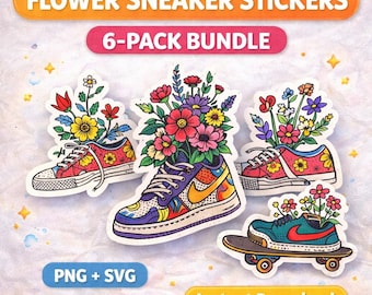Stickers Bundle, Floral sneakers PNG files, printable files, Digital download