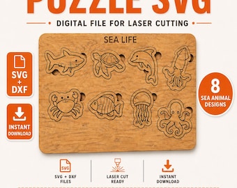 Rompecabezas de animales marinos de madera SVG, archivo de corte láser, tablero de juguete de madera Montessori, Glowforge xTool DXF