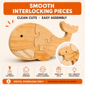 Eight animal puzzle designs included with fox, giraffe, whale, elephant, lion, rabbit, bear and turtle.