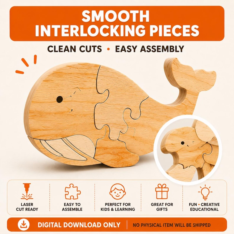 Eight animal puzzle designs included with fox, giraffe, whale, elephant, lion, rabbit, bear and turtle.
