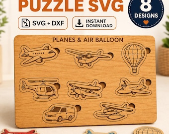 Planes Air Balloon Puzzle SVG, Laser Cut File, Shape Matching Wooden Vehicle Toy, Glowforge DXF