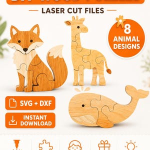 Animal puzzle SVG bundle with fox, giraffe and whale wooden jigsaw designs for laser cutting